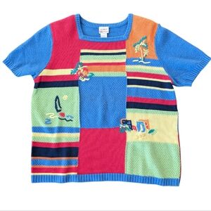 Vintage Koret Francisca Sweater Colorful Embroidered Granny Beach Theme L